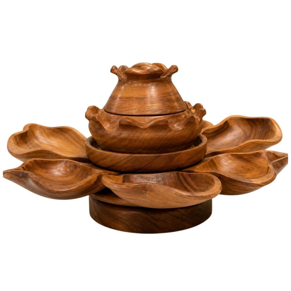 Vintage Large Monkey Pod Lotus Serving Bowl Set Lazy Susan Hand Carved Wood EUC